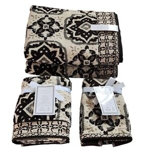 Peri Home Moroccan Tiles 6pc Cotton Towels Black Beige Set 2 Bath 2 Hand 2 Tip